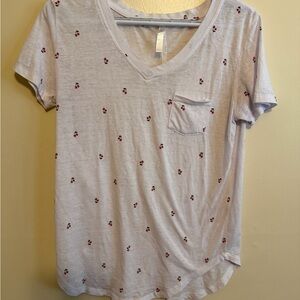 Chic White V-Neck Tee with Cherry Pattern